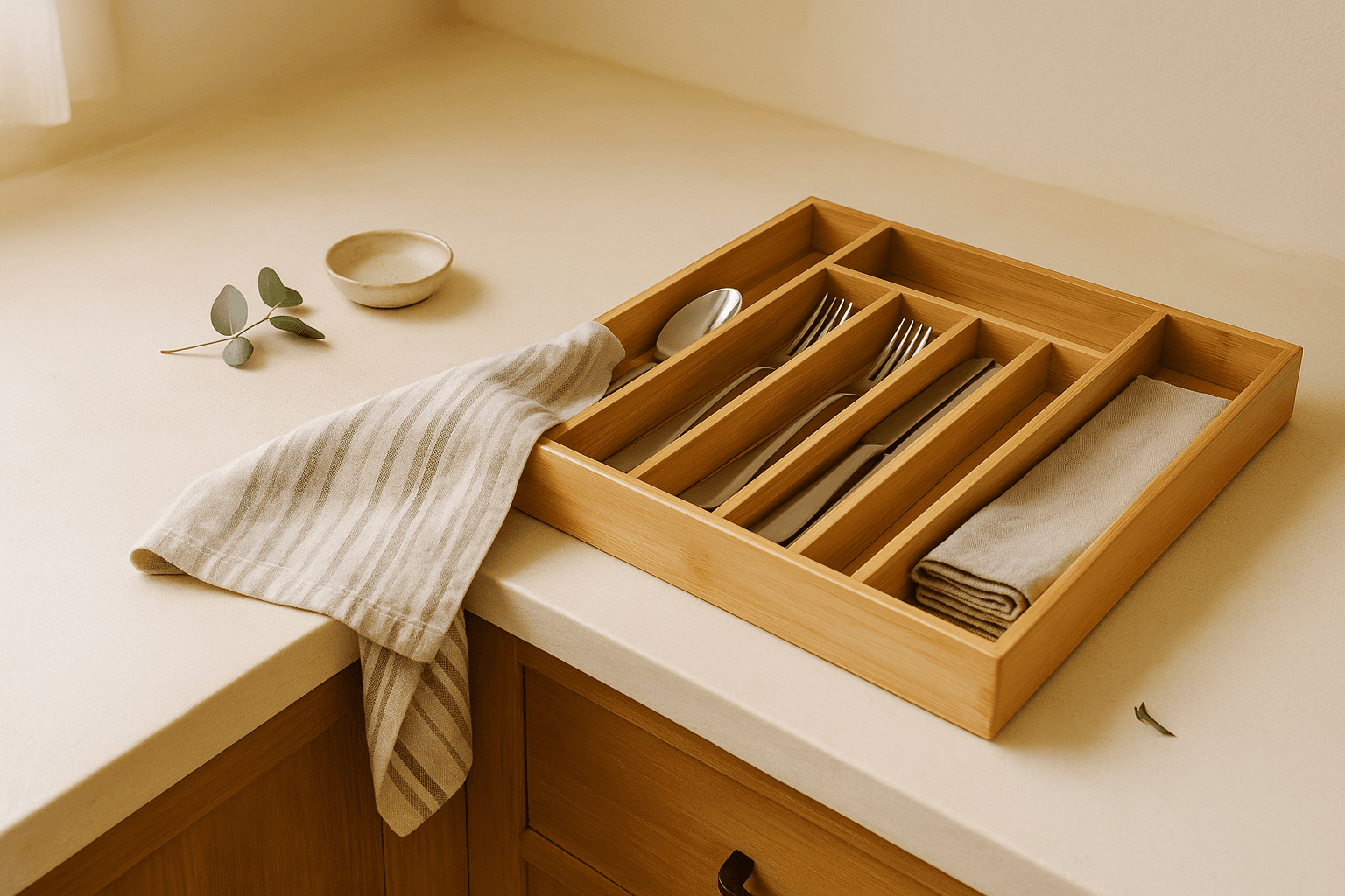 A warm, cream-toned kitchen counter scene with an open drawer showing a bamboo expandable silverware organizer neatly holding forks, spoons, and knives, styled with a linen towel and a sprig of eucalyptus