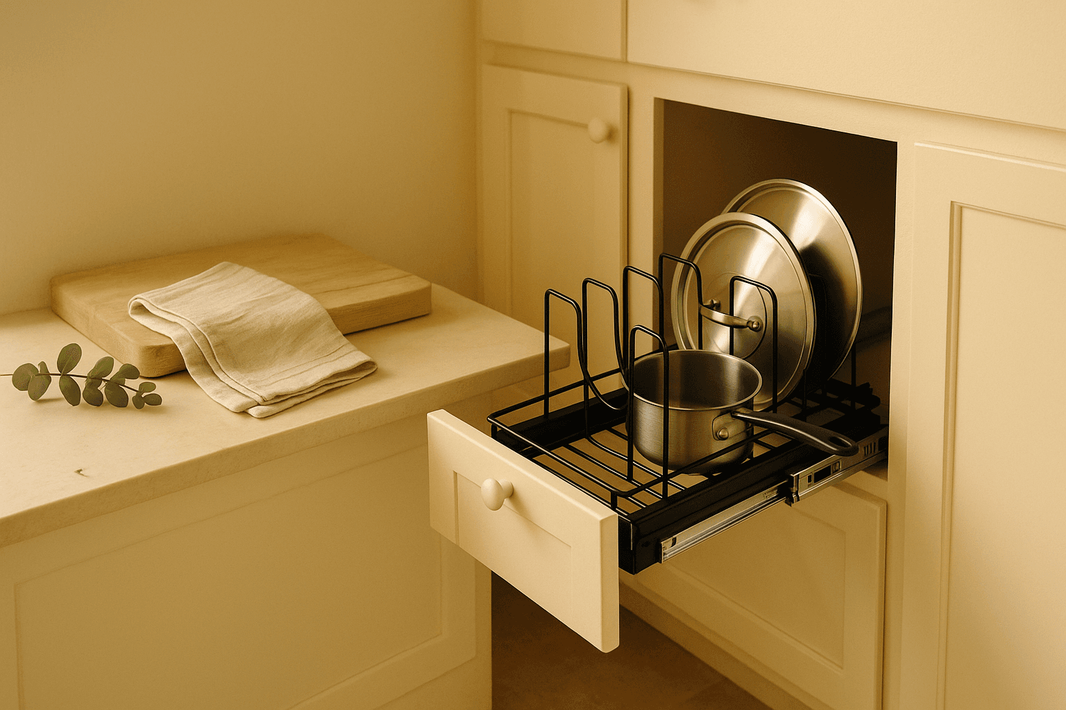 A pull-out pots and pans organizer staged inside an open cabinet with stacked lids and a linen towel nearby, warm cream tones