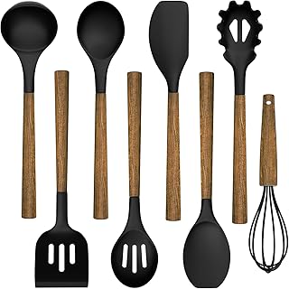 Umite Chef 8-Piece Kitchen Utensils Set, Natural Acacia Wooden Handles, Black