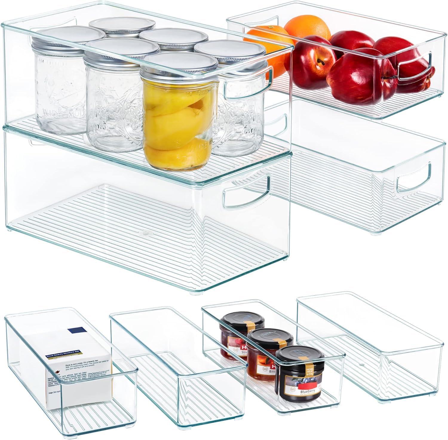 8 PACK Stackable Pantry Organizer Bins (3 Size) with Handle