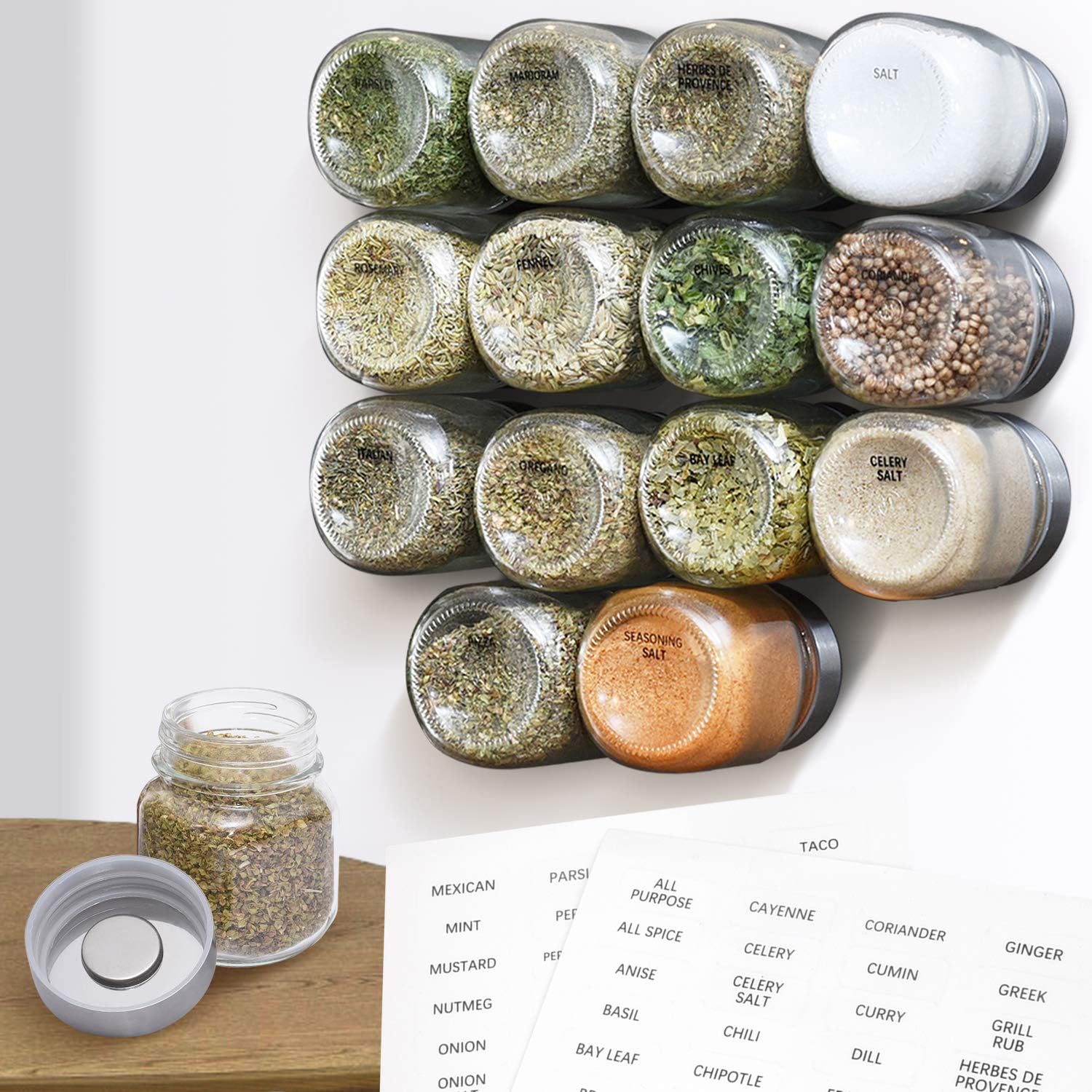 IMPRESA Clear Glass Magnetic Spice Jars, 15-Pack