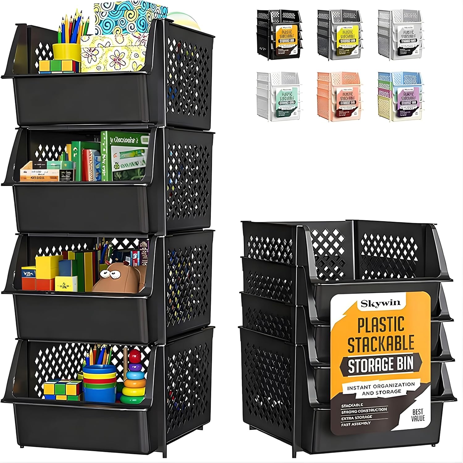 Skywin Stackable Storage Bins Open Front, 4 Pack