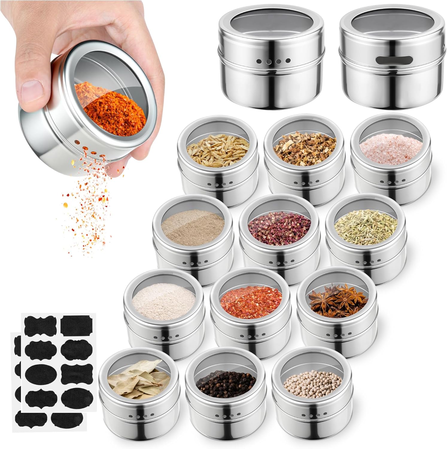 12-Piece Stainless Steel Magnetic Spice Jars